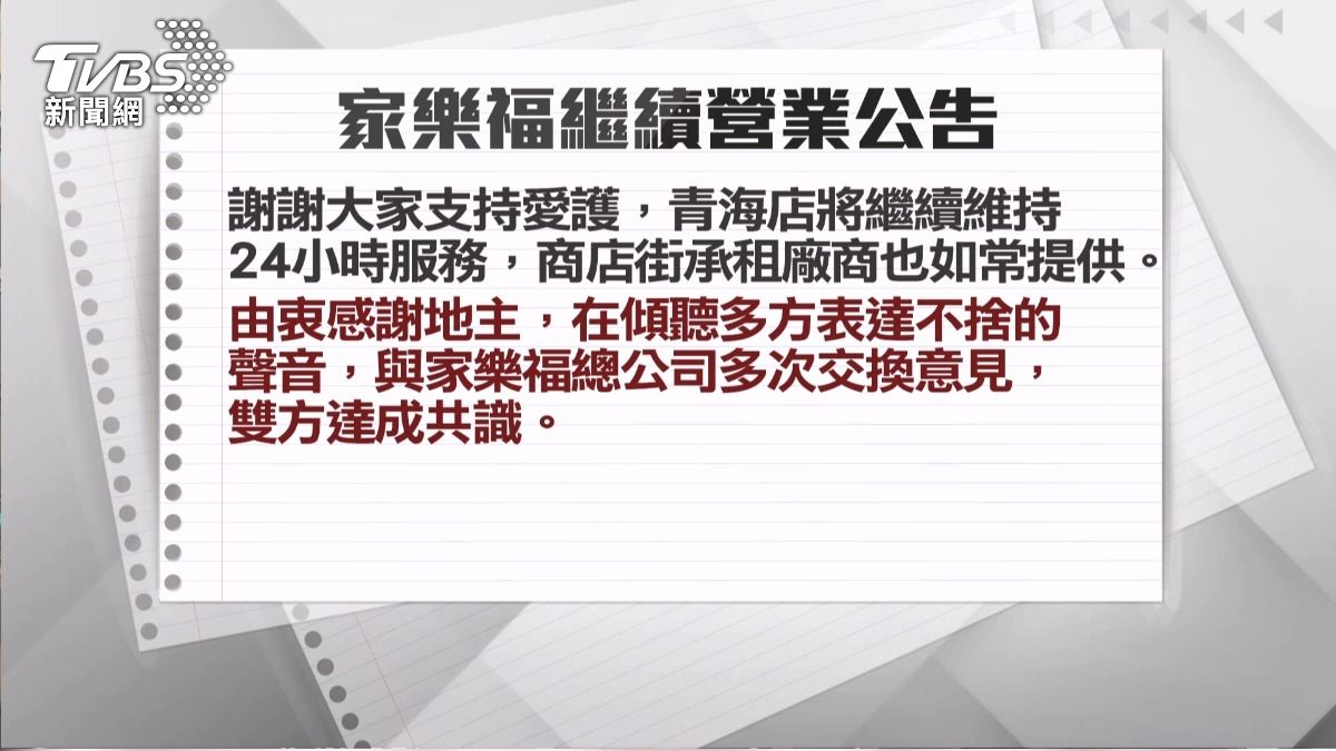 家樂福青海店「不關了」與地主達成共識續營。(圖／TVBS) 