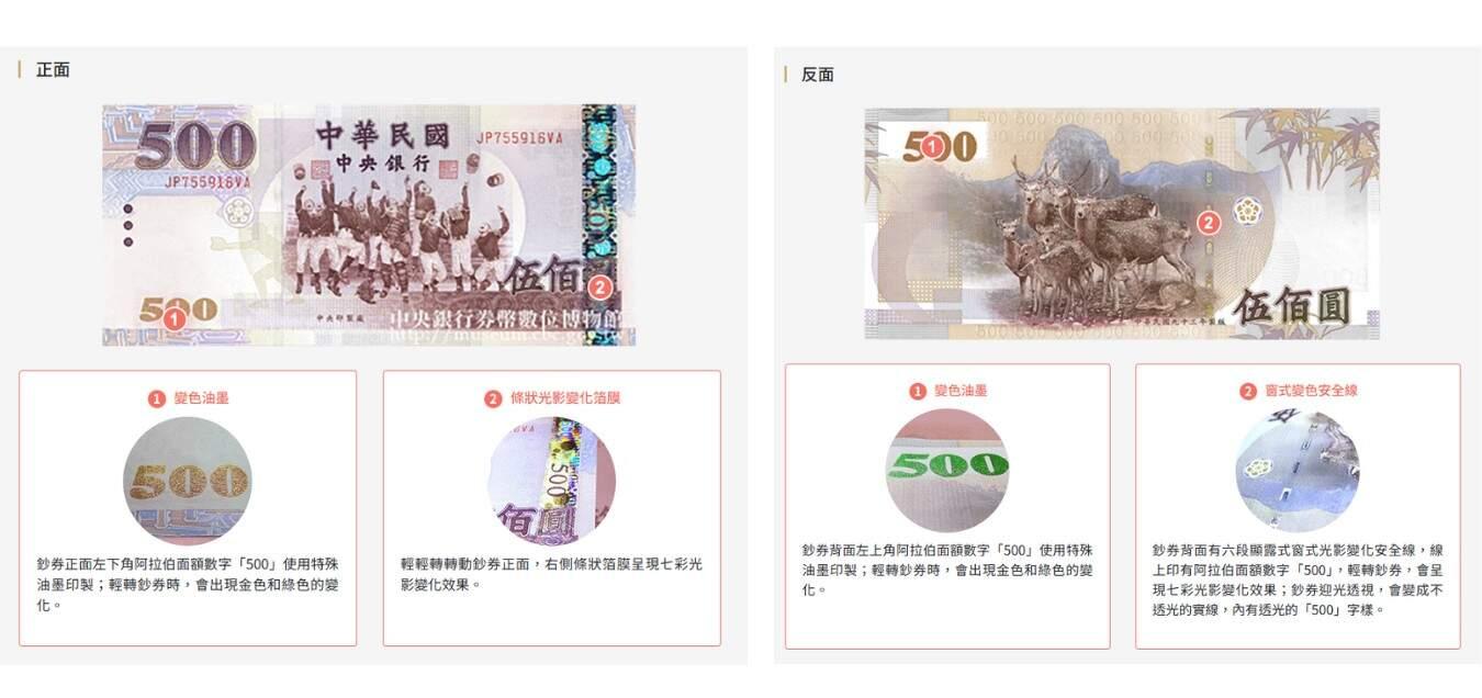 轉動紙鈔觀察500數字是否由金色變綠色。(圖/事實查核中心)