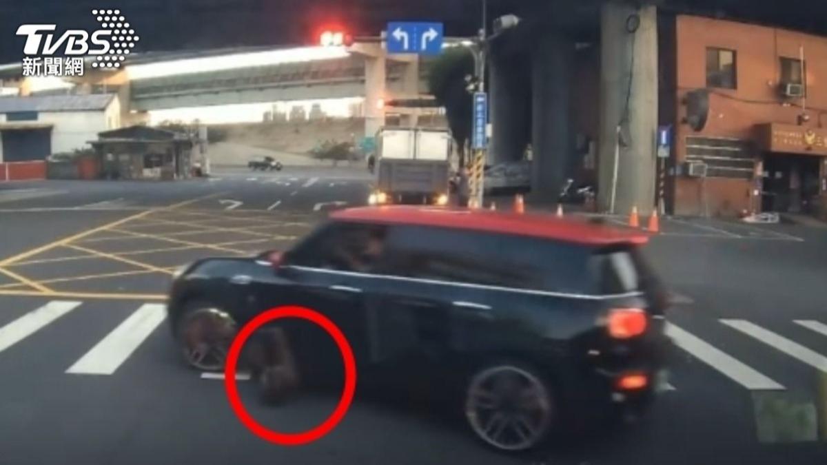 駕駛開窗卻不甩後方車輛提醒，違規迴轉硬輾過小黑狗。（圖／TVBS）
