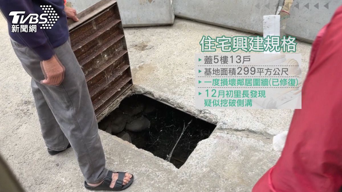 蓋宿舍時不只排水管線沒申報，更疑似挖破水溝，導致現場積水嚴重。(圖／TVBS)