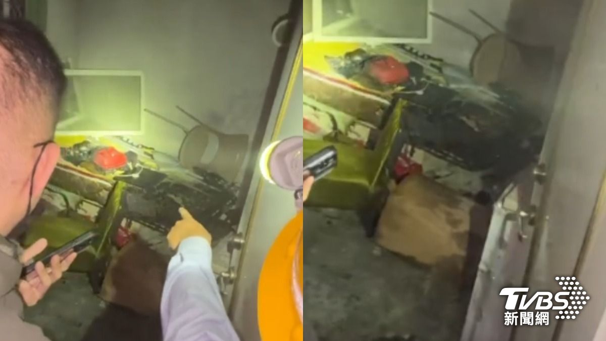 張文事先在北車附近的租屋處縱火,現場有汽油桶與燒焦痕跡。(圖/TVBS)
