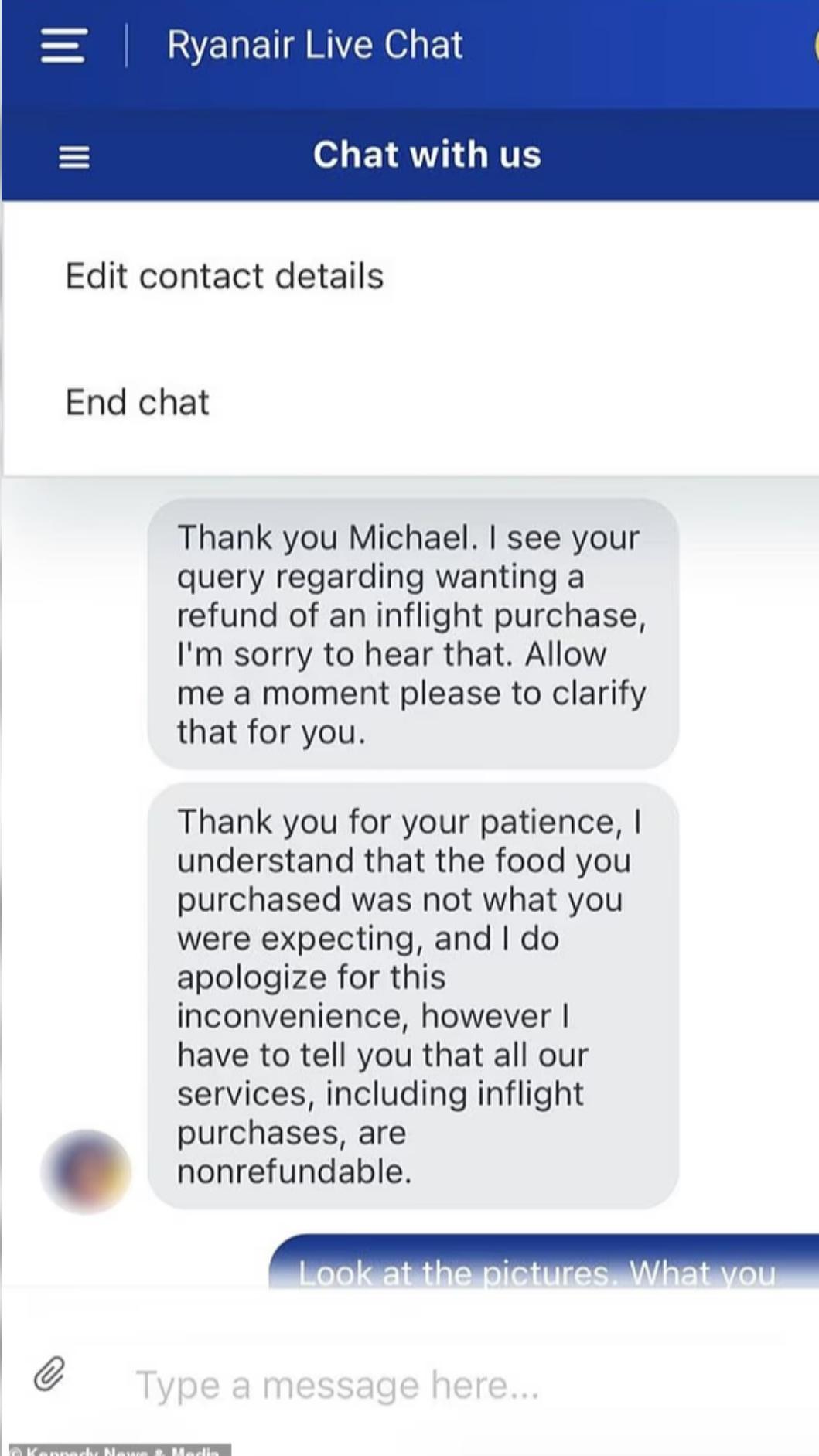 麥克透過瑞安航空(Ryanair)的即時聊天系統聯絡過兩次,但都被拒絕退款。(圖/翻攝自每日郵報)