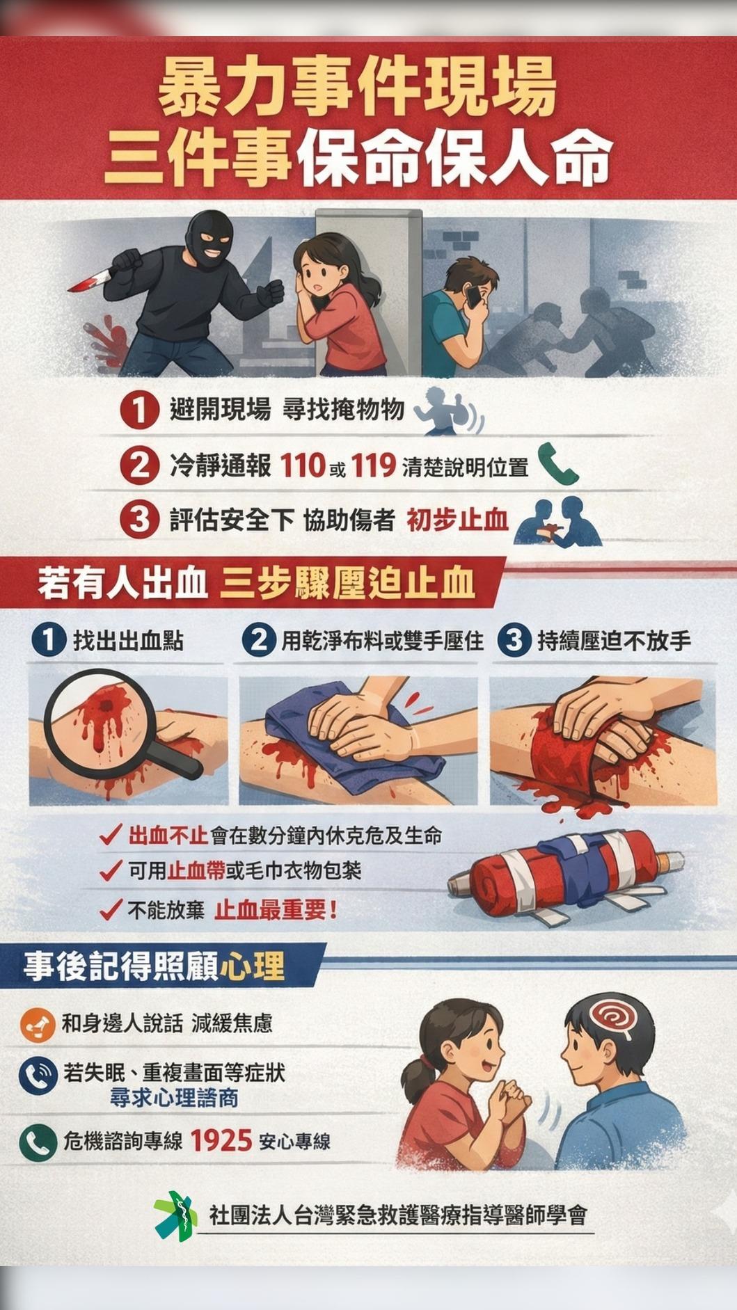 暴力現場應遵循三步驟,避免失去生命安全。(圖/翻攝自台灣緊急救護醫療指導醫師學會)