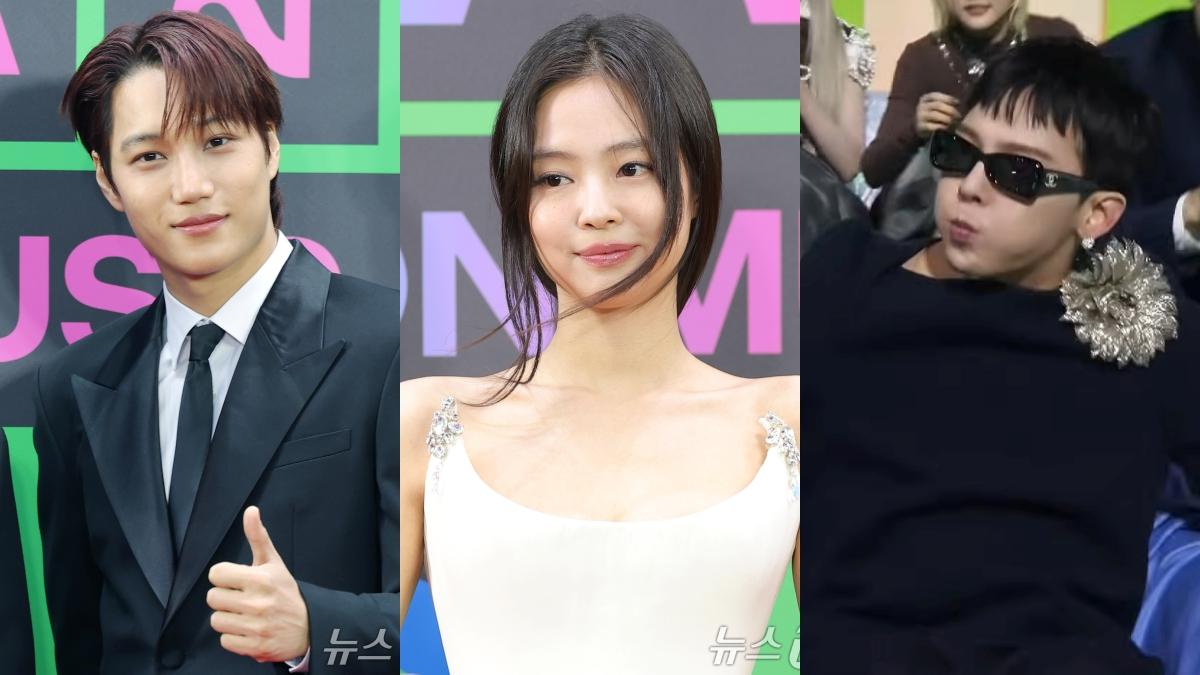 Jennie（中）與兩位過去緋聞男友Kai（左）、GD（右）同場今晚MMA。（圖／news1提供、右圖翻攝自멜론 Melon YouTube）
