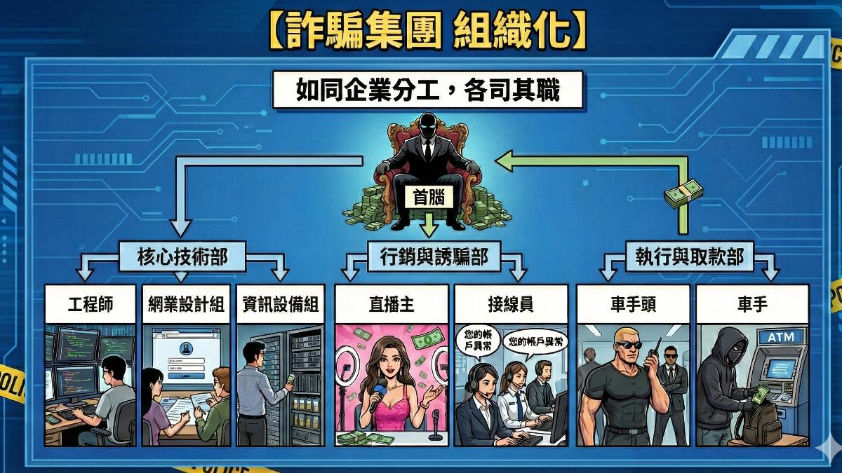 詐騙集團分工細膩，各部門組織化。（圖／AI）