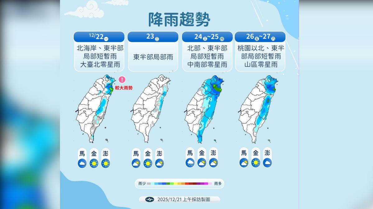 週三北東降雨增加。(圖/氣象署)