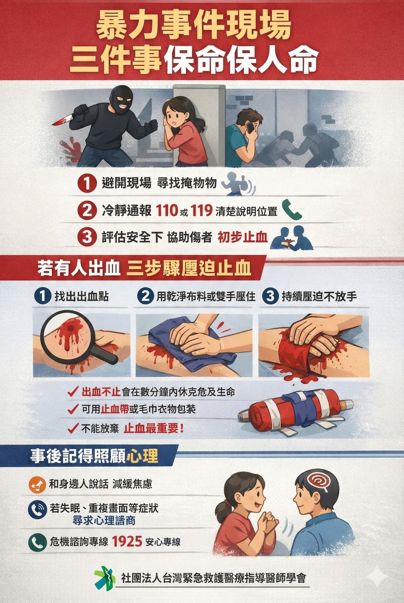 台灣緊急救護醫療指導醫師學會教3步驟止血。（圖／翻攝自台灣緊急救護醫療指導醫師學會臉書）