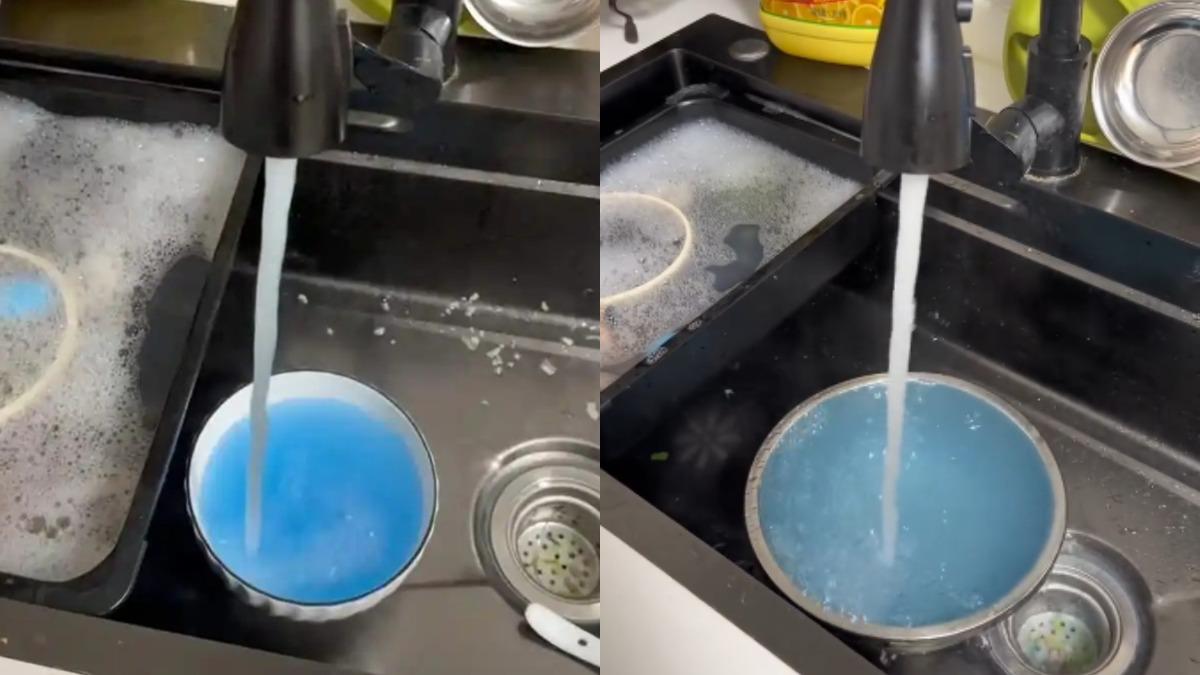 貴州遵義九瓏台小區的住戶，自4月起首次發現家裡的自來水莫名變成藍色。(組圖／微博@搜狐科技、@小胆猫看世界)