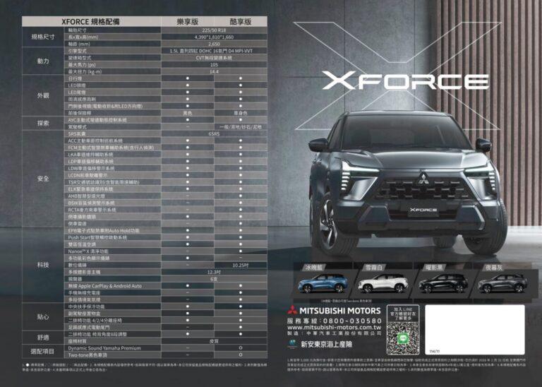 XForce分成樂享版、酷享版兩款車型,配備差異可參考本表。(圖/翻攝自中華三菱官網)