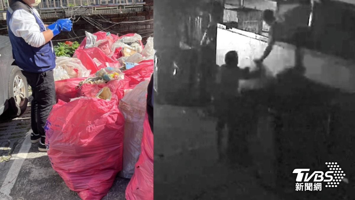 2人深夜非法接力運垃圾，除家用垃圾外，還混有裝潢廢棄物。（圖／TVBS）