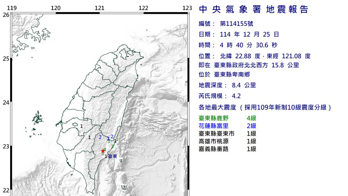台東規模4.2地震　最大震度4級