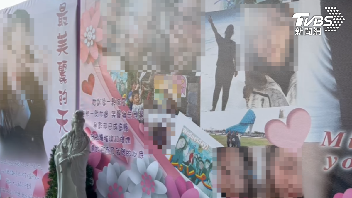 陳女告別式以簡單的粉色布置,並寫下「最美麗的天使」。(圖/TVBS)