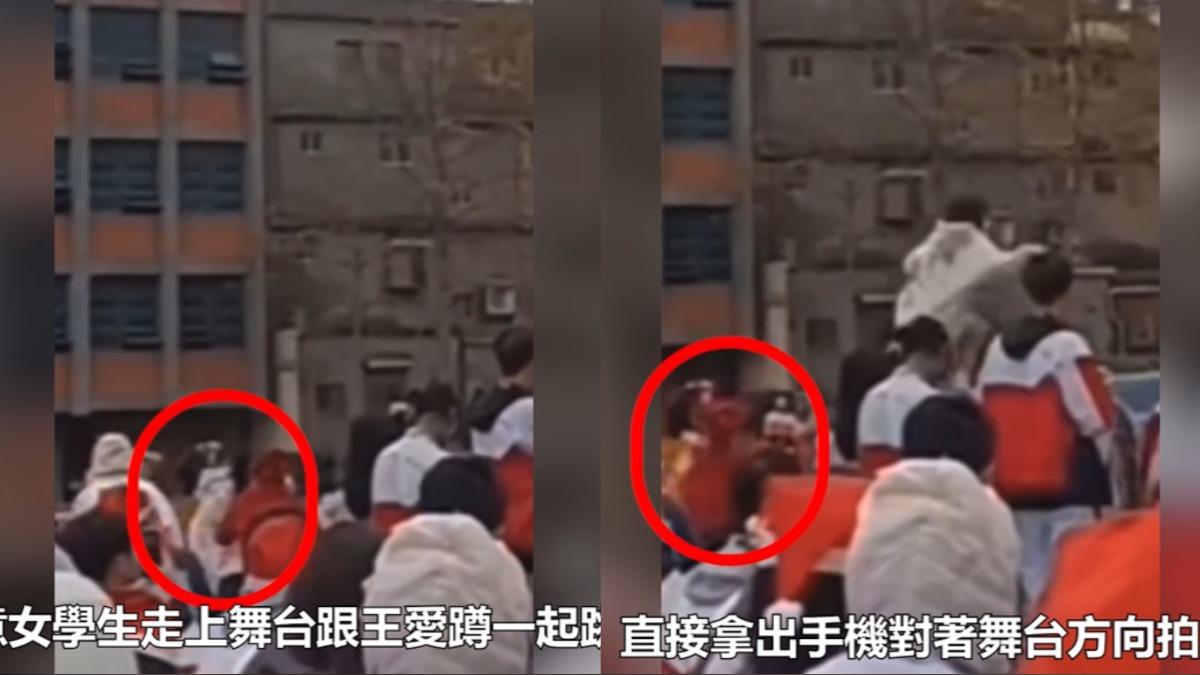老師輕拍女學生,似乎鼓勵她上去跳舞。(圖/翻攝自勾起你心中的惡YT頻道)