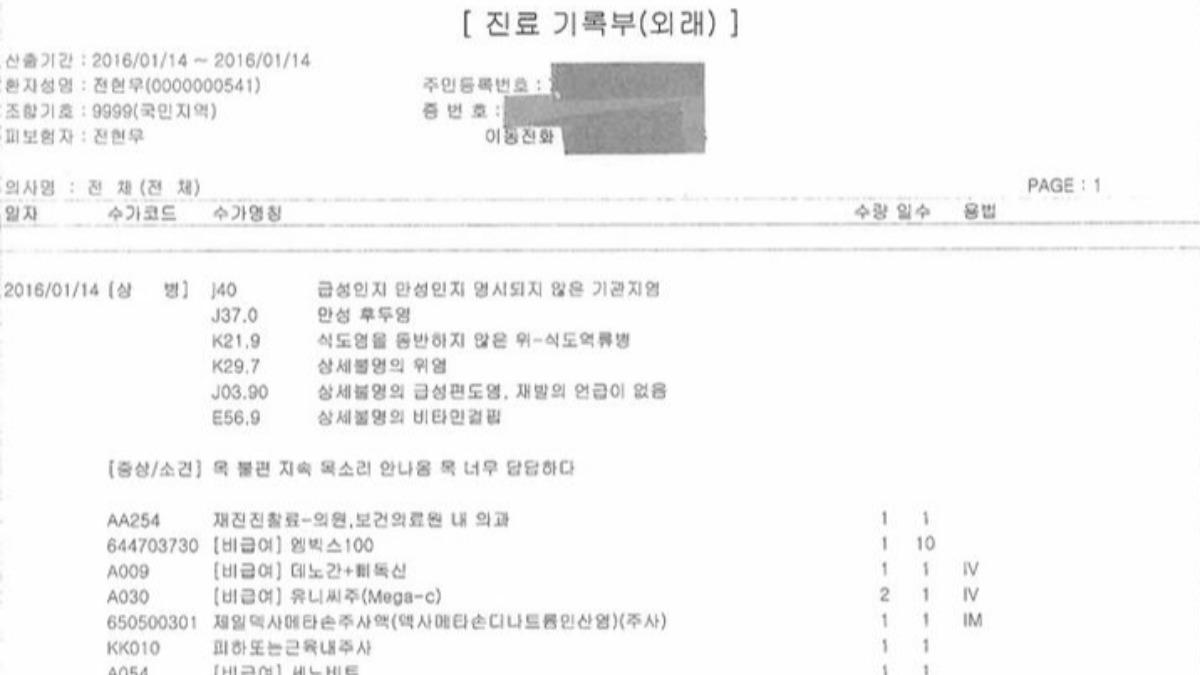 全炫茂透過經紀公司公開2016年1月病歷與收據。(圖/翻攝自韓網)