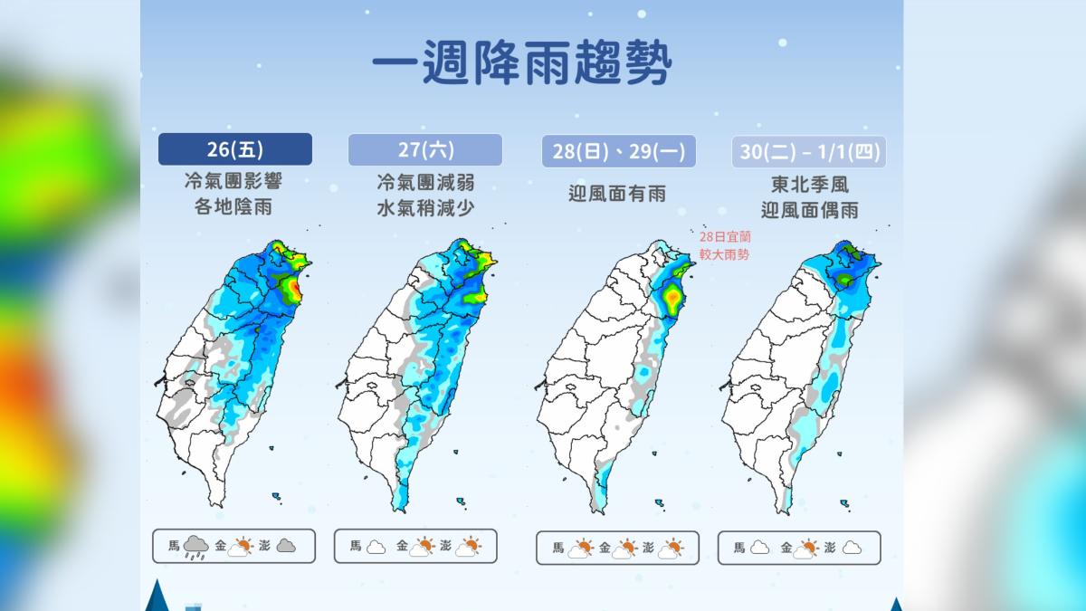 週末冷氣團減弱,週日宜蘭有較大雨。(圖/氣象署)