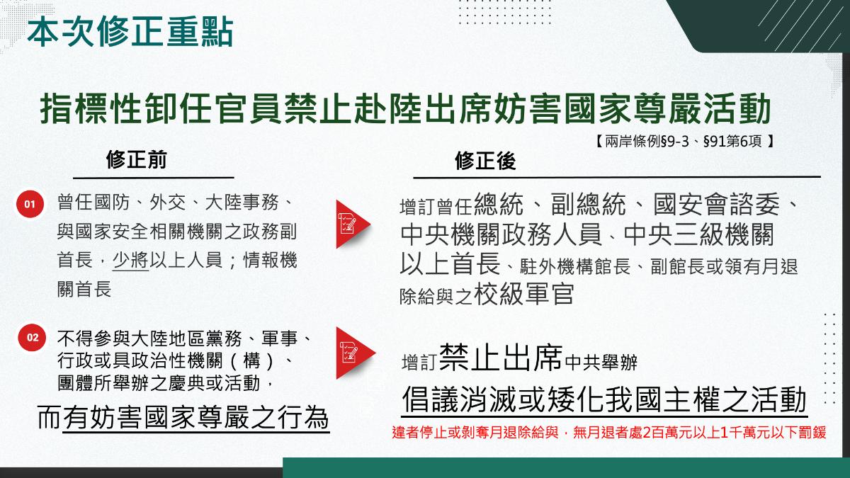 修法增訂指標性卸任官員禁止出席妨害國家尊嚴活動。(圖/行政院提供)