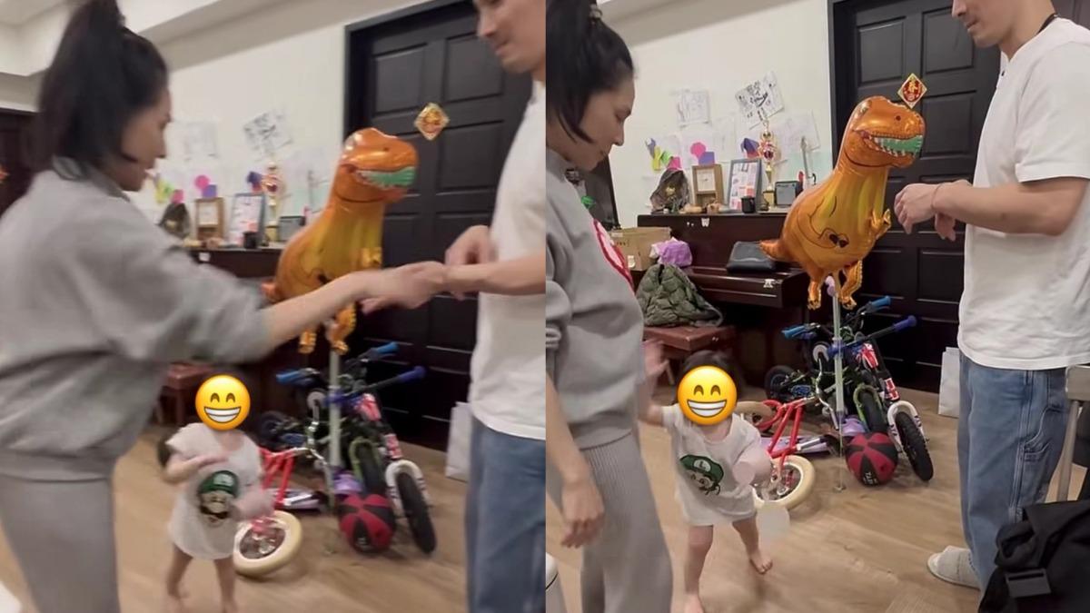 熊熊佯裝打老公，沒想到，寶貝女兒竟替Mars還手給熊熊。（圖／翻攝自Instagram／beargenie）