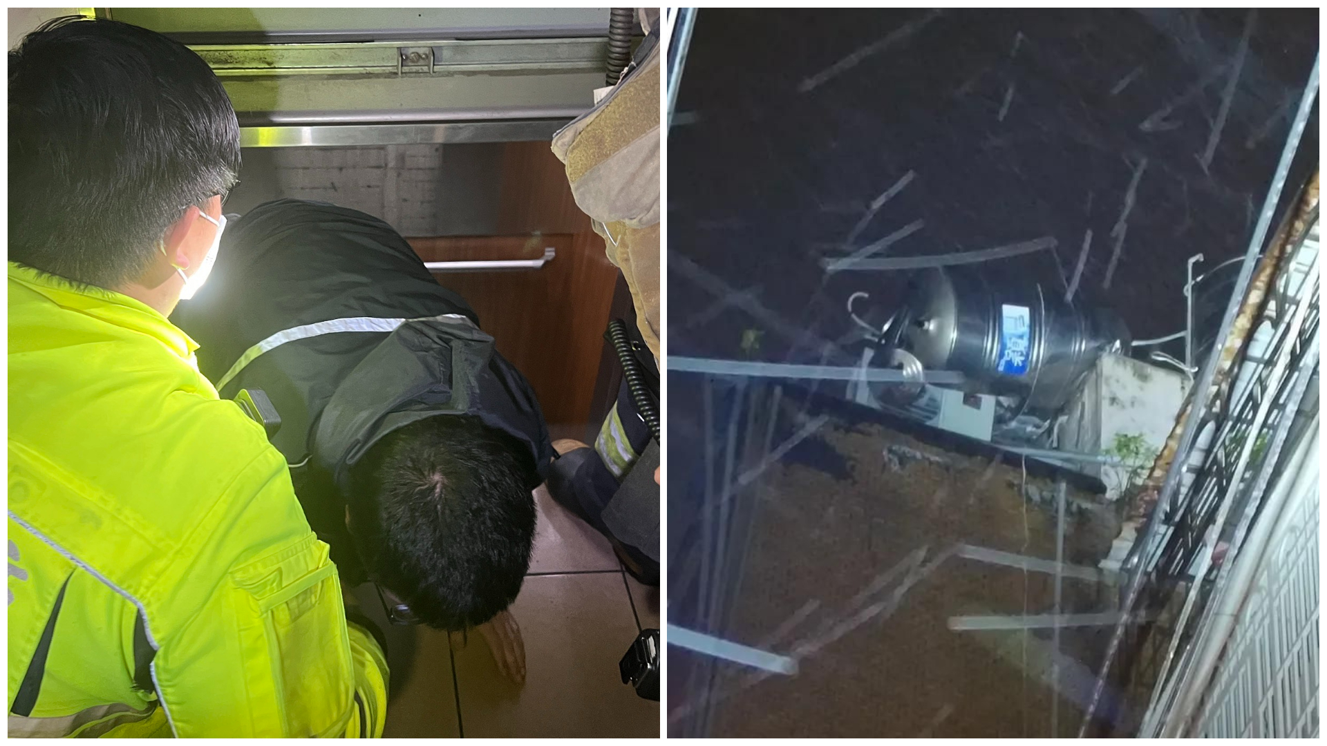 新北市震度達4級，因受劇烈搖晃，板橋區發生民眾受困電梯；土城區則有住家水塔傾倒。（圖／x819421._.0425提供）