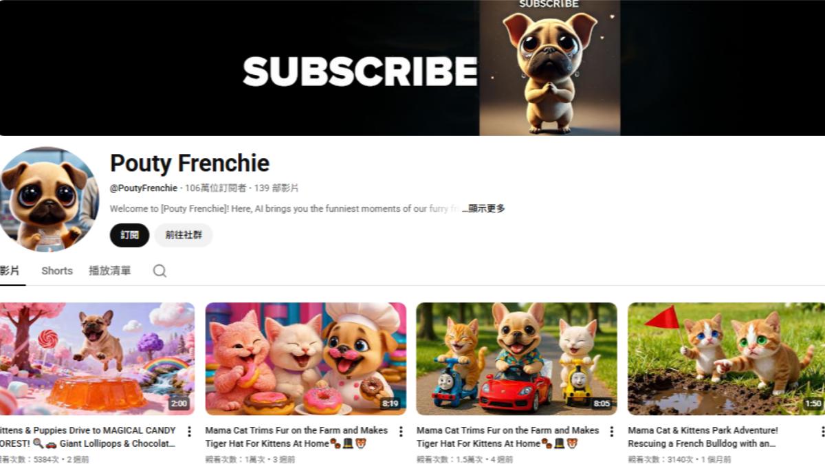 新加坡「Pouty Frenchie」鎖定兒童觀眾，以大眼AI狗為主角，生成100多部短片（圖／擷取自YouTube Pouty Frenchie）