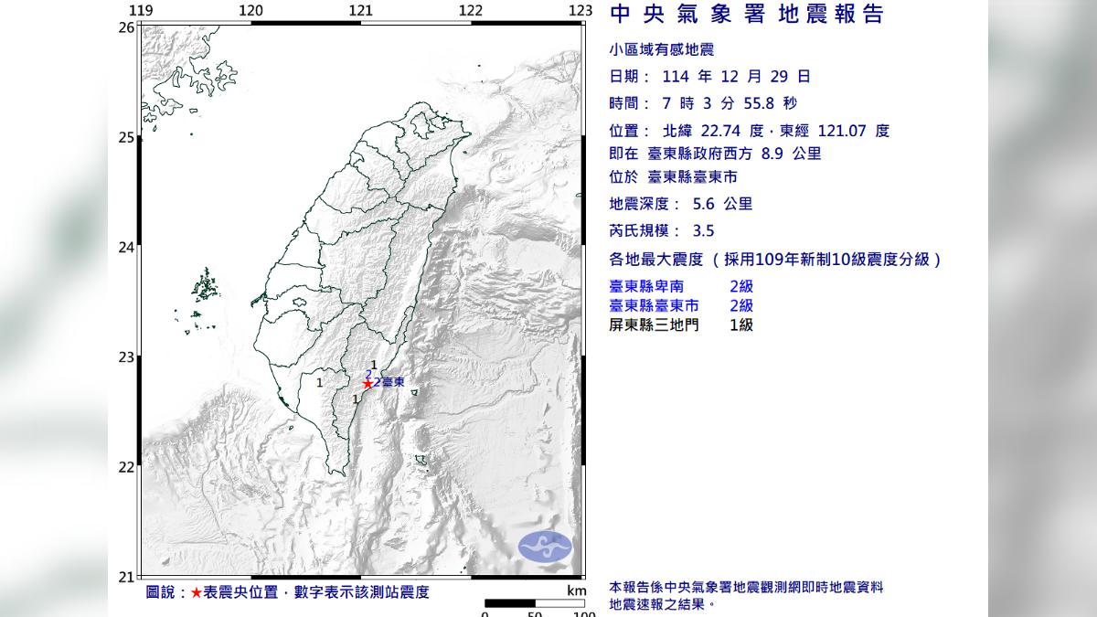 台東上午7時03分發生規模3.5地震。(圖/中央氣象署)