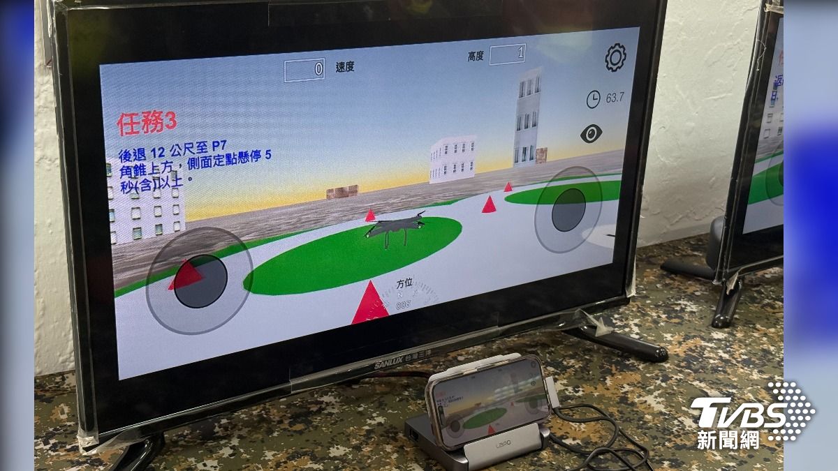 模擬器訓練,使用的正是民航證照測驗採用的「台灣無人機術科考試模擬器」APP。部隊在中山室內,透過手機、投影螢幕與搖桿進行架設,讓訓員或役男輪流練習。定點起降、前進後退、四面懸停、返航等最基礎動作。(圖/TVBS)