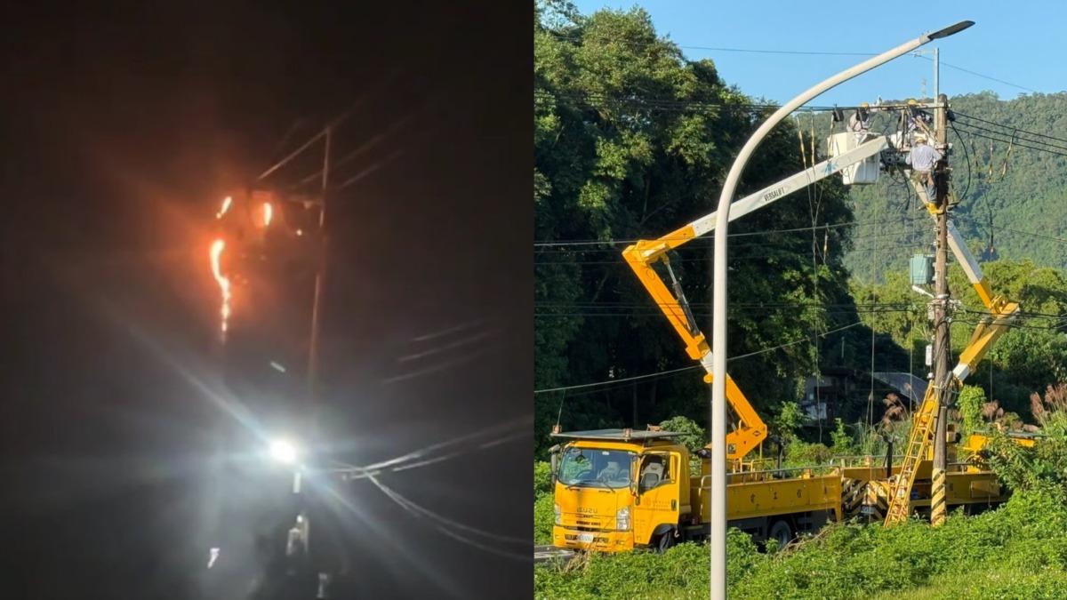 宜蘭員山鄉同樂村清晨傳出爆炸聲,竟是電線桿上方起火。(圖/目擊者廖先生提供)