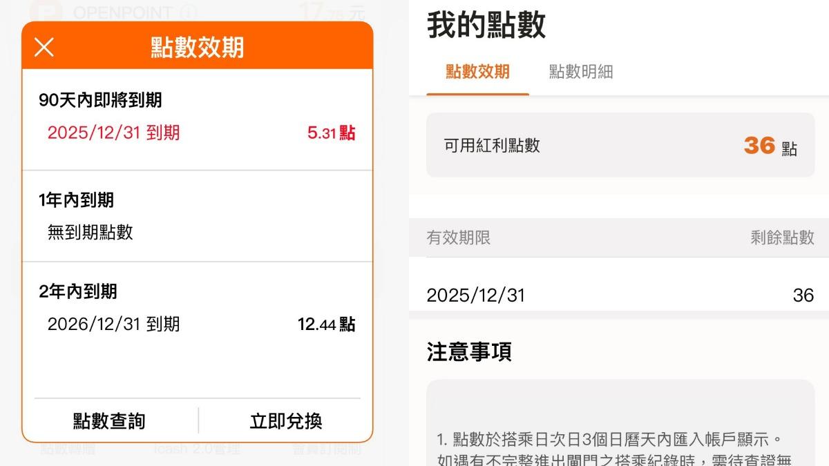 提醒即將到期的點數記得兌換。(圖/擷取自高鐵、OPENPOINTS APP)