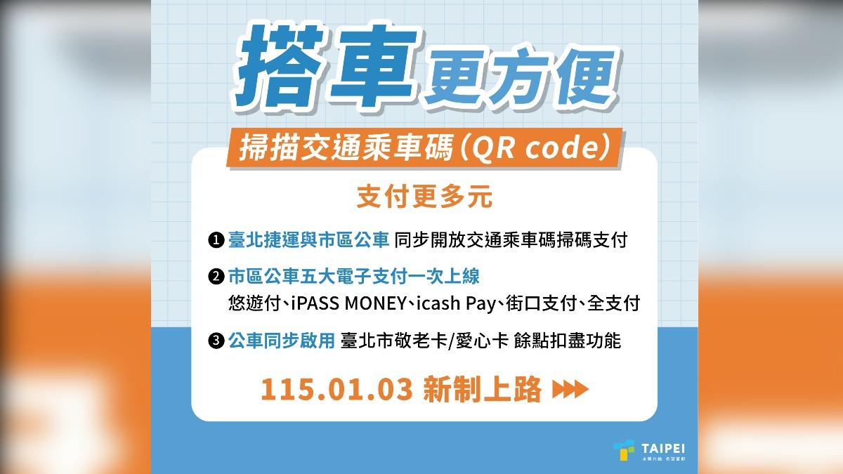 北捷、雙北公車1月3日起同步開放QR Code掃碼支付。(圖/台北市政府觀傳局提供)