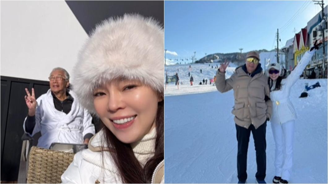 頂著白髮的郭董穿上浴袍,在陽光下開心比YA。(圖/翻攝自曾馨瑩IG)