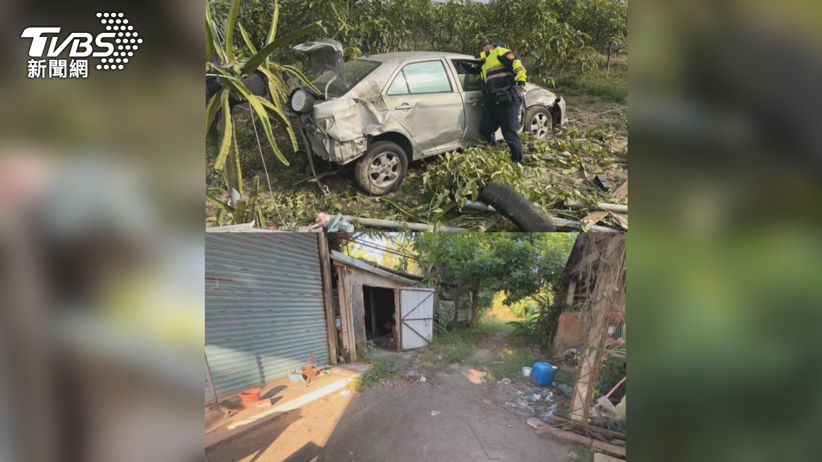 目擊民眾描述,車撞進田裡面後,車上有人溜下來,迅速躲進附近的一間矮平房。(圖/TVBS)