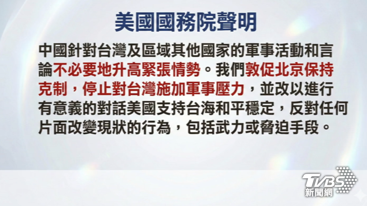 美國務院發聲明,敦促北京停止對台施壓並保持克制。(圖/TVBS)