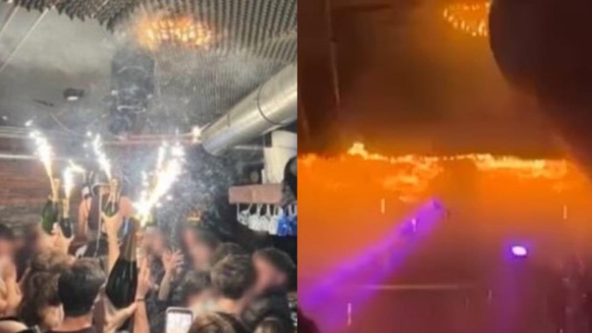 目擊者表示,疑似裝有「火花生日蠟燭」的香檳瓶導致木製天花板燃燒並引發「閃燃」現象。(圖/翻攝 X @TrueCrimeUpdat)