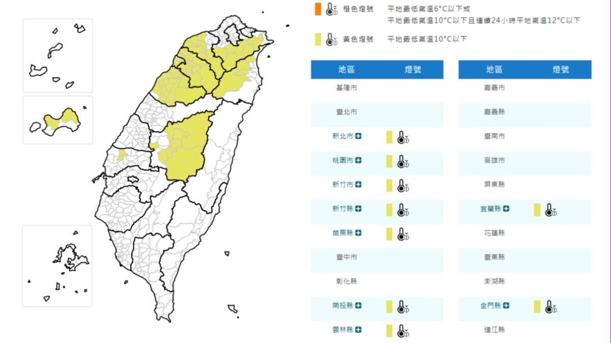 低溫特報。(圖/中央氣象署)