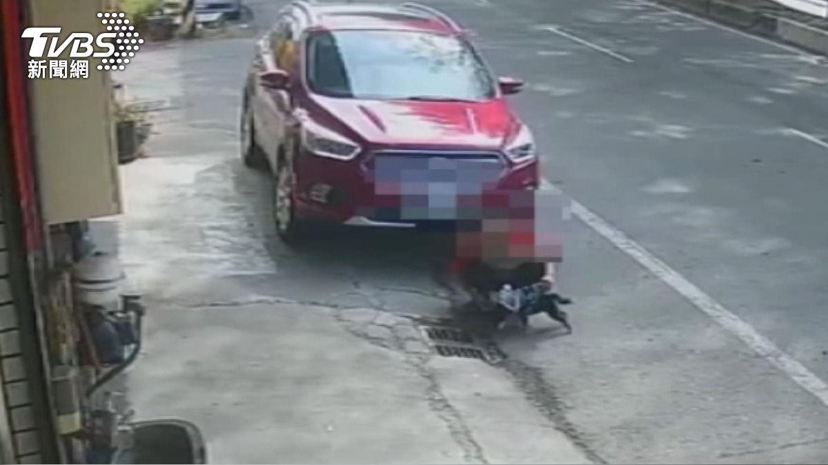 婦人蹲撫愛犬遭休旅車輾壓！　駕駛低頭設導航釀「狗亡人重傷」悲劇。(圖／TVBS)