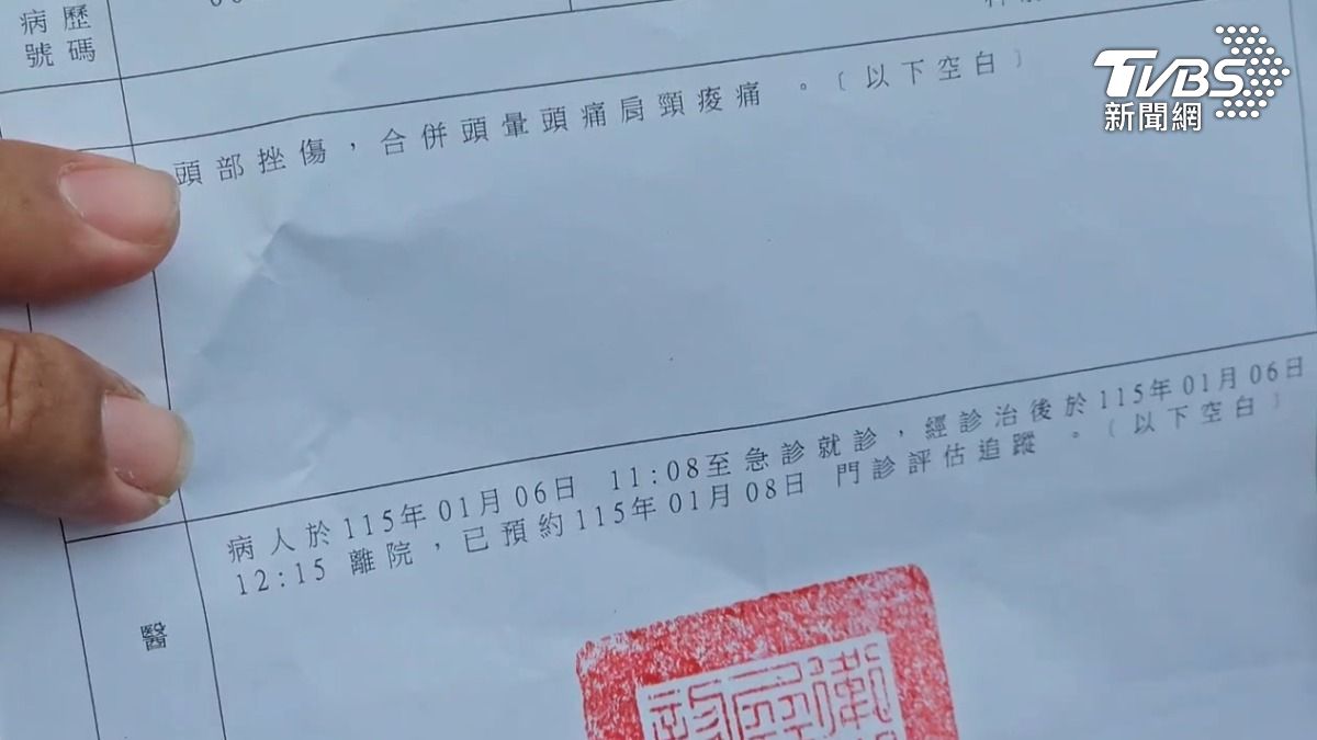 騎士拿出醫院診斷證明，頭部有挫傷，合併頭暈頭痛肩頸痛等症狀，還要觀察有沒有腦震盪（圖／TVBS）
