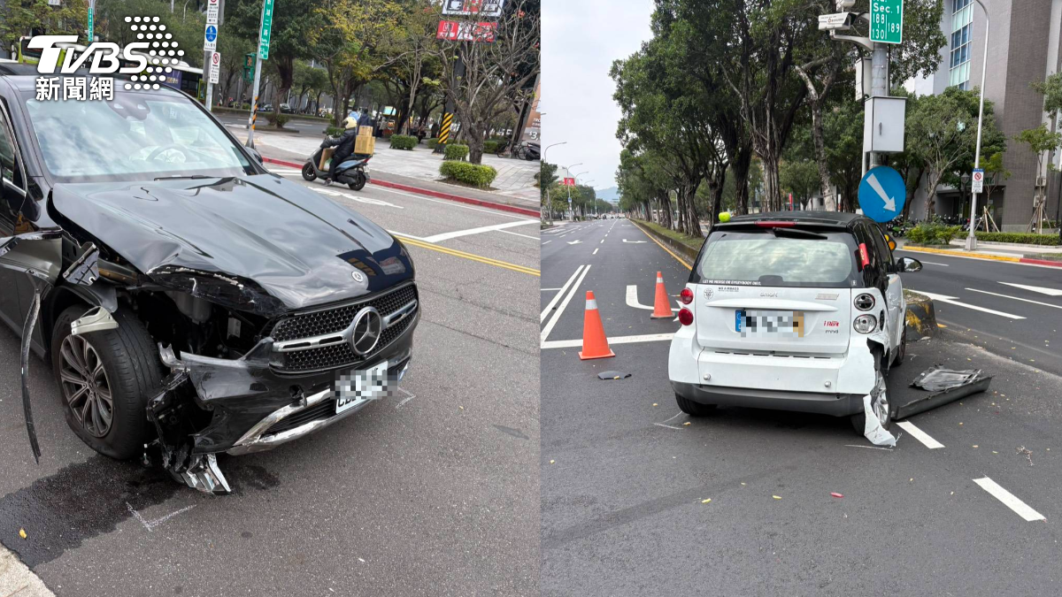 快訊/三立電視台旁賓士與iRent碰撞 賓士車頭被撞開一個洞