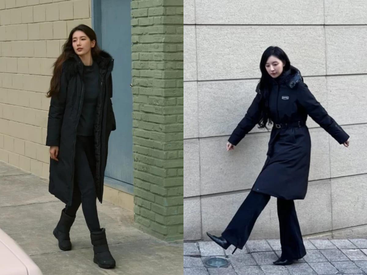 長版羽絨外套想穿得顯瘦，全黑穿搭幾乎是韓國女星的標準答案。（圖／翻攝自@geewonii、skuukzkyIG）