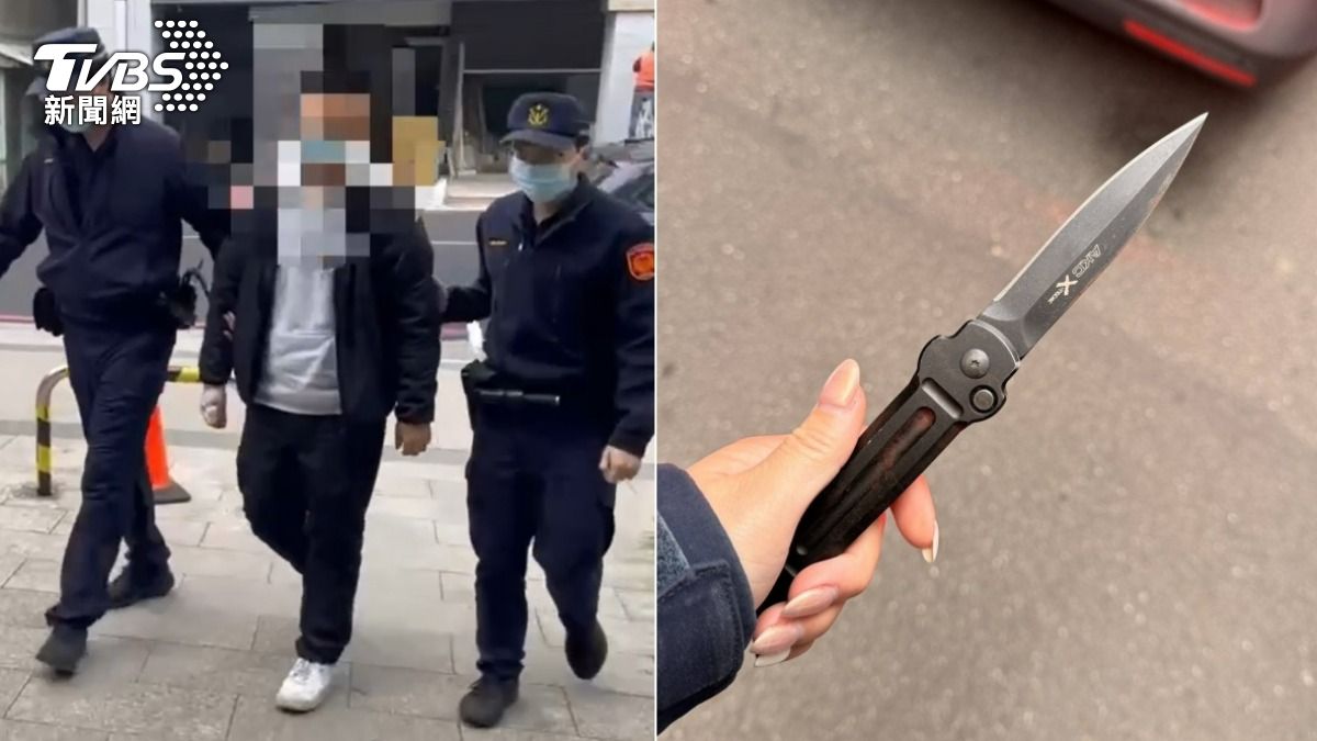 警方逮捕范男,現場查扣折疊刀。(圖/TVBS)