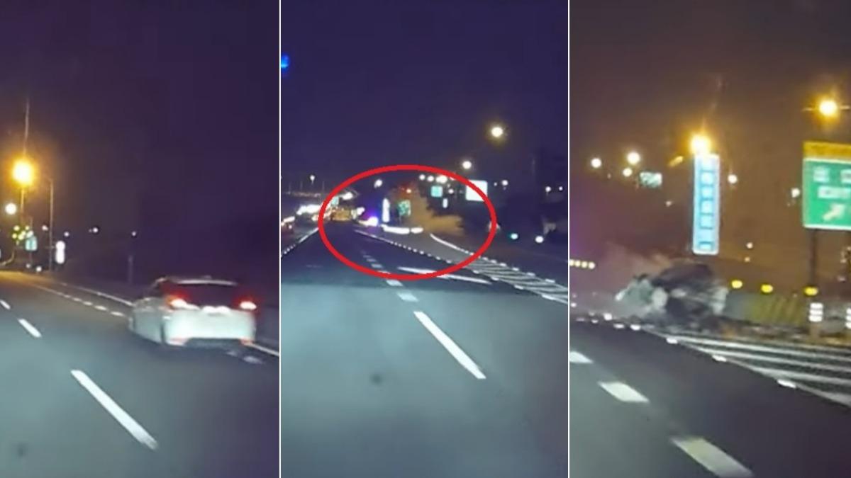 宛如砲彈直擊!五楊高架轎車「煞車燈沒亮」猛撞分隔島 驚悚瞬間曝