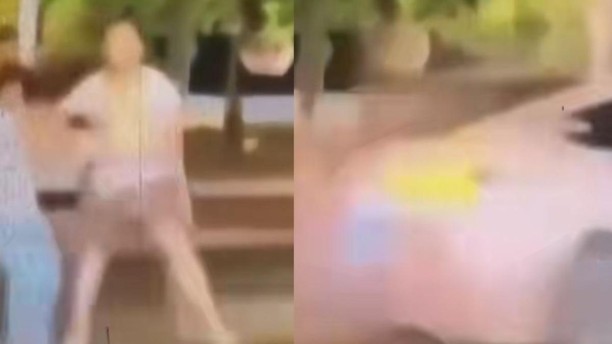 現場模糊的影片顯示，受害男子在車來時推開妻兒，但因車速過快，不到一秒3人就被車子撞飛。（圖／翻攝小紅書@樂娛跳跳兔）