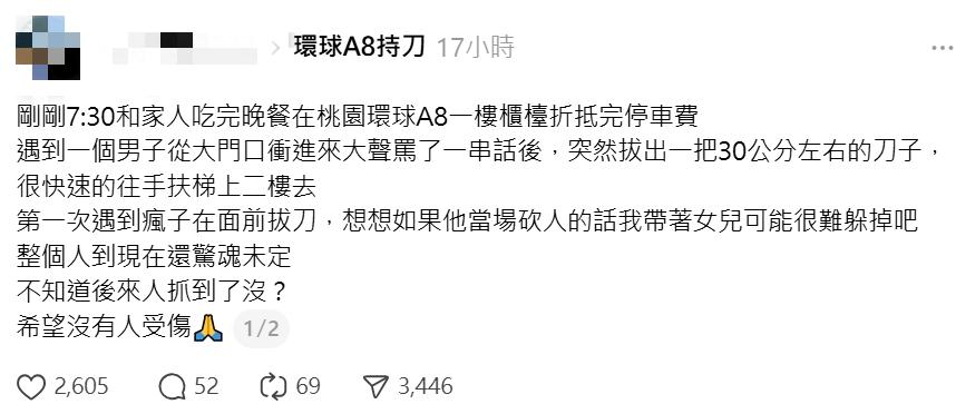 日前有名網友稱桃園A8環球商場有民眾持刀。(圖/翻攝畫面)