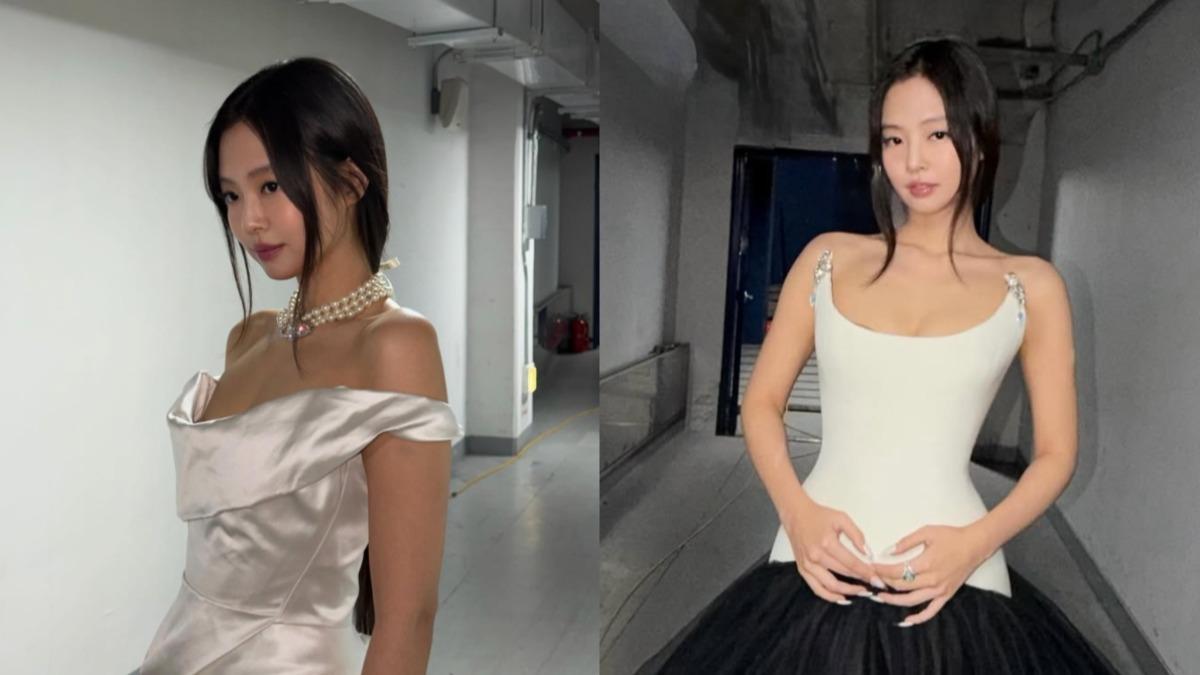 Jennie的低馬尾造型修飾圓臉線條,整體看起來更立體。(圖/翻攝自Jennie IG)