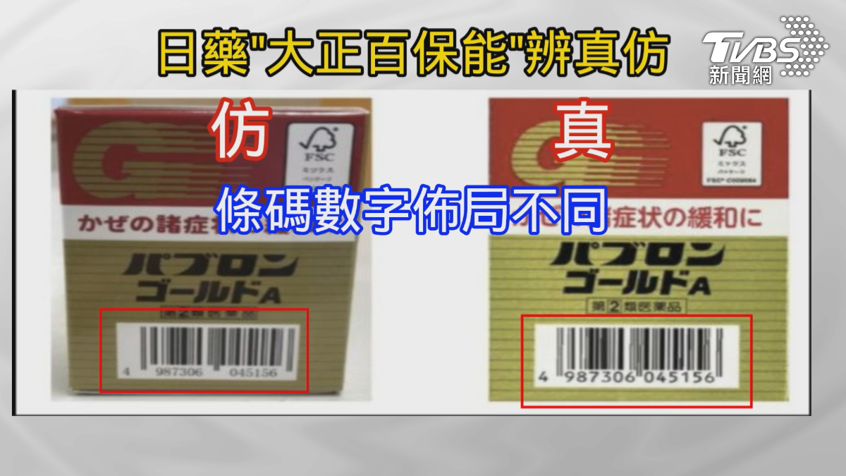 大正製藥官方發過聲明指出,大正百保能外盒正面條碼數字排列,仿冒的有空格,佈局也不一樣(圖/TVBS)
