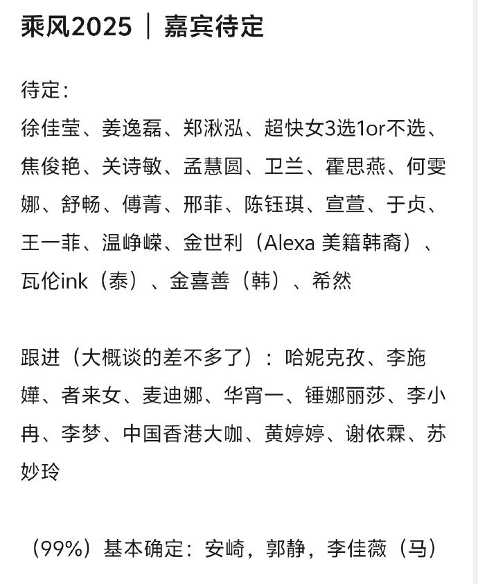 陸網流傳《乘風2026》擬邀名單。(圖/翻攝自微博)