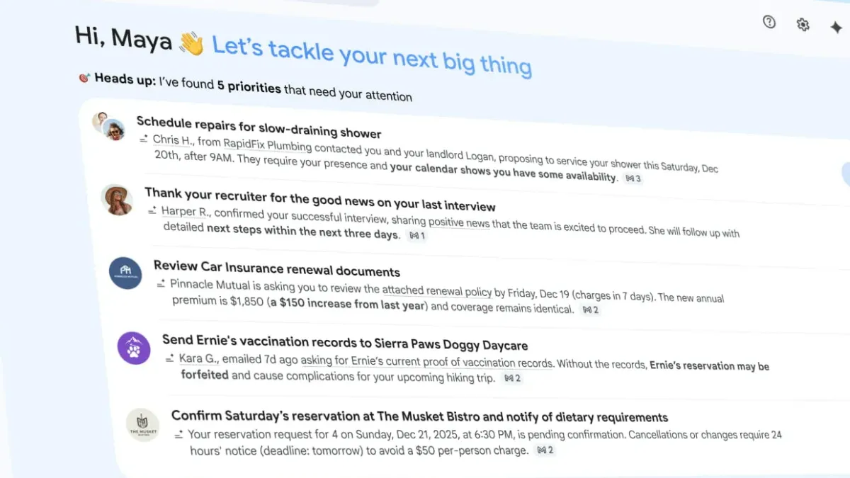 Gmail 新增功能如搜尋用的 AI 概覽,以及即將推出的「AI 收件匣」。(圖/翻攝自9to5google)