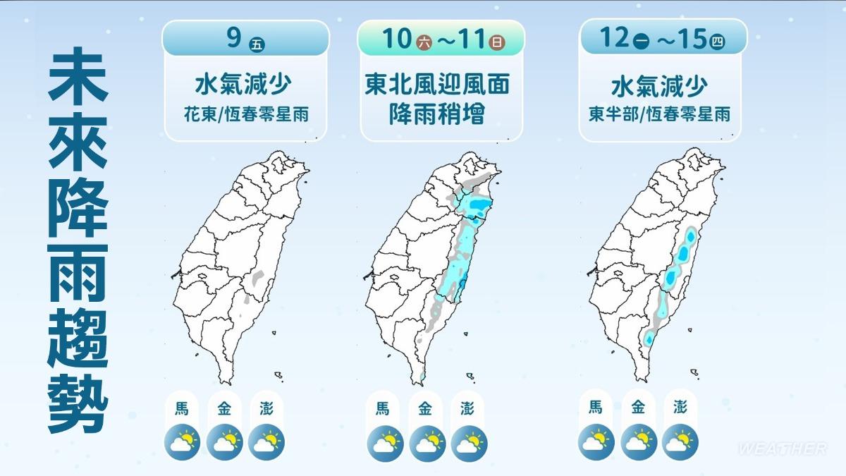 北部及東半部假日兩天降雨增，中南部多雲到晴、天氣變化不大。（圖／氣象署）