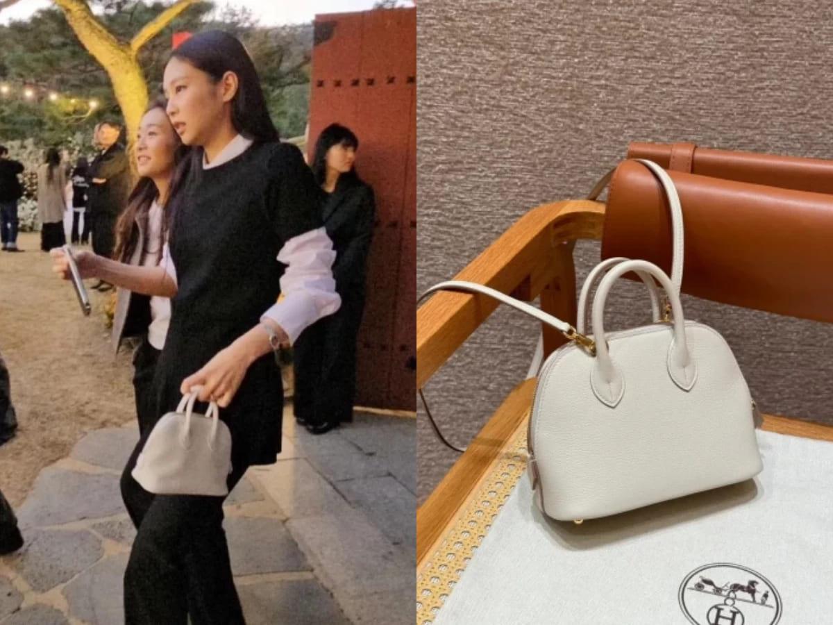 唯一一款白色包款,出自Jennie 出席朋友婚禮時所揹的 Hermès Mini Bolide 白色款。(圖/翻攝自IG@jennierubyjane)