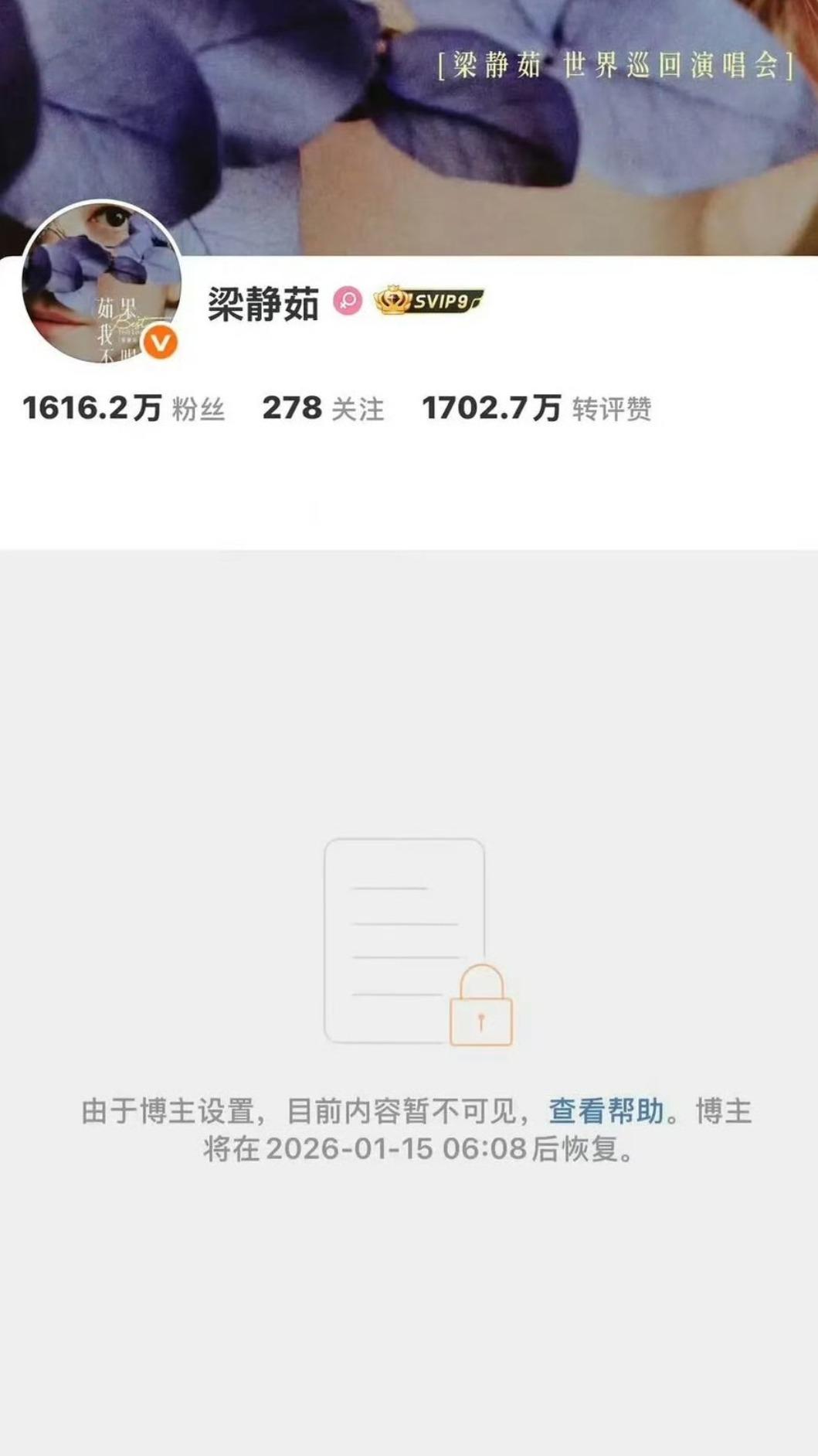 梁靜茹關閉微博,將於1月15日重啟使用。(圖/翻攝自梁靜茹微博)