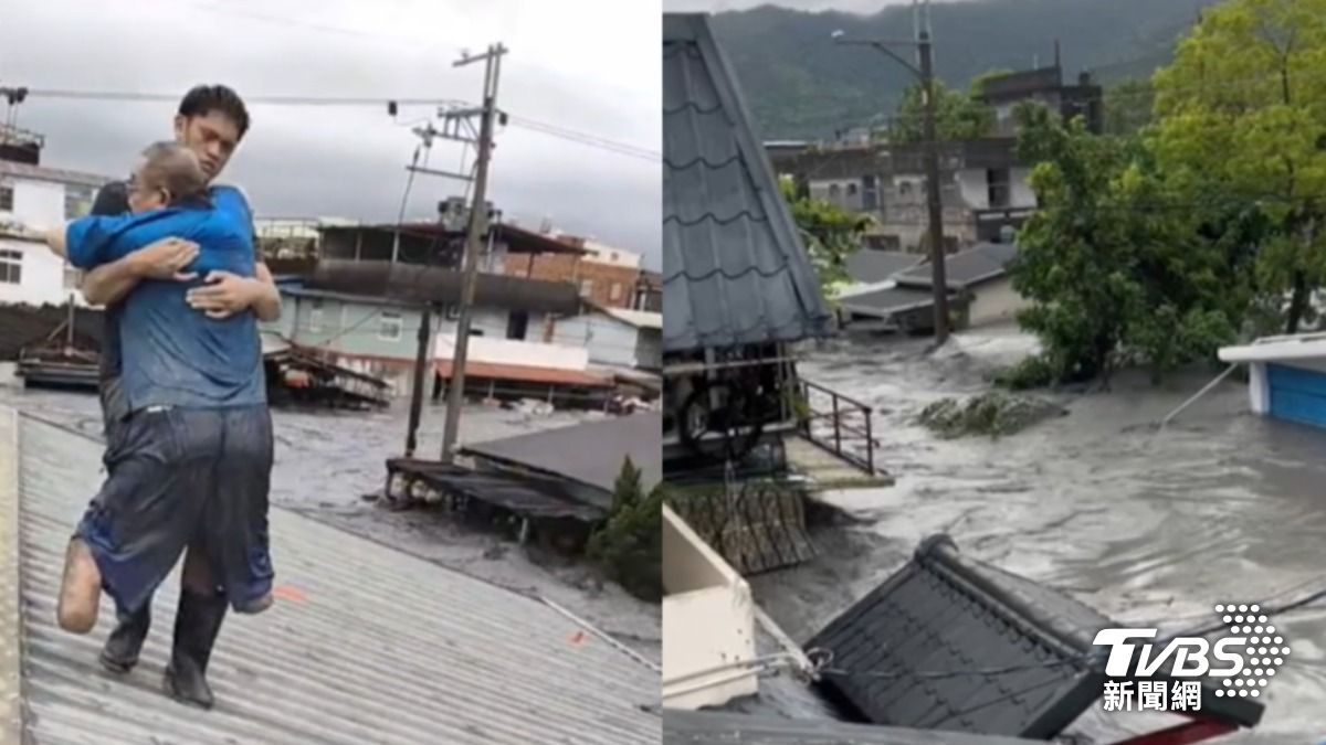 光復洪災家園被沖毀，消防姪子抱無腿姑丈屋頂避難。（圖／TVBS）
