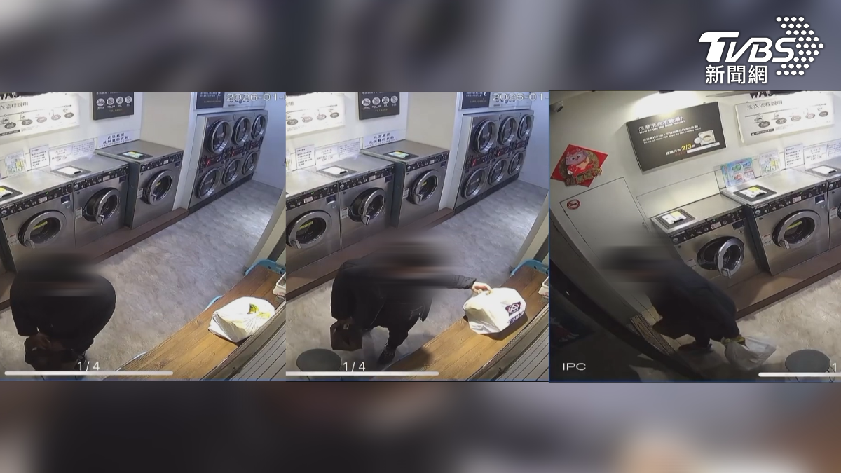 男子到自助洗衣店樓上訪友,離開前看到一樓桌上有超市的物品,竟順手牽羊。(圖/TVBS)